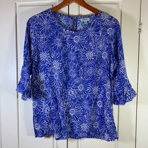 River Women Blue White Floral Rayon Blouse Ruffle 3/4 Sleeve Size M Boho Coastal